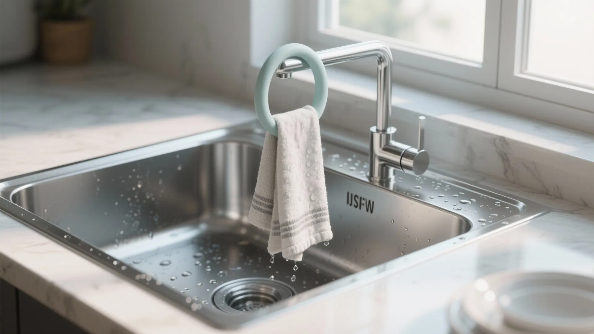 Over-the-sink silicone loop holding a towel above a stainless sink with visible water droplets.