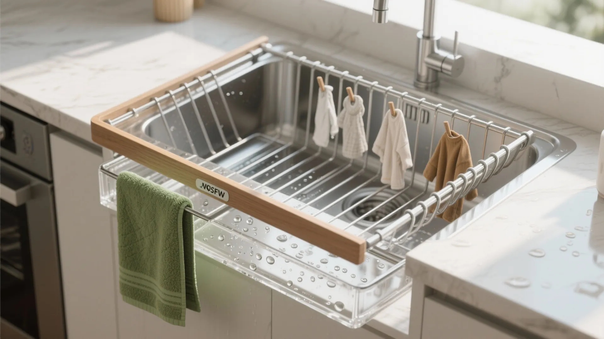 [
  {
    "url": "https://coohom-biz-sg-s3.coohom.com/ins/static/article/over-sink-micro-rack-1759475489659806600.jpg",
    "alt": "Stainless steel dish rack with wood frame over sink holding tiny clothes and green towel"
  }
]
