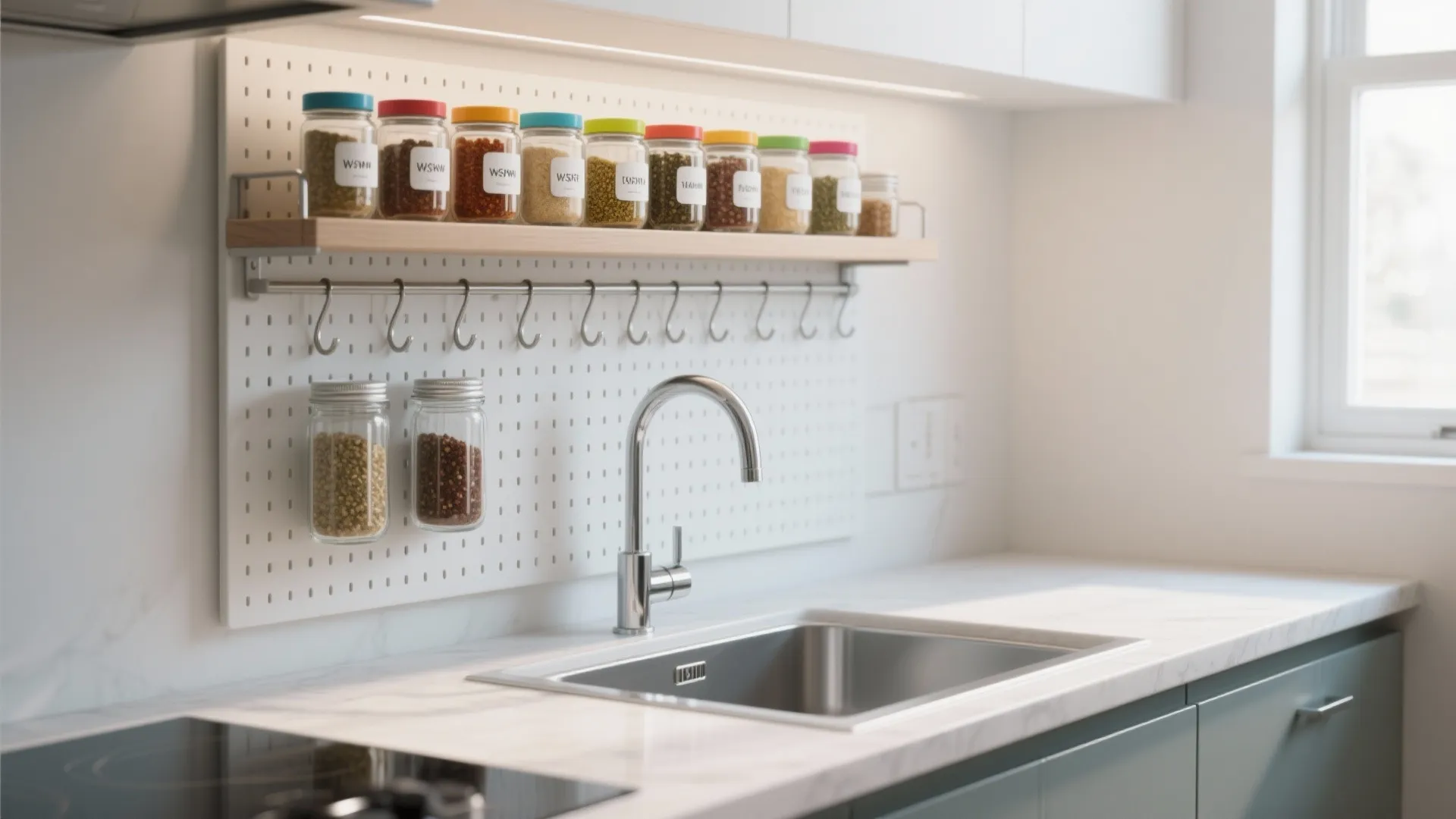 4. Over-sink shelves and pegboard solutions