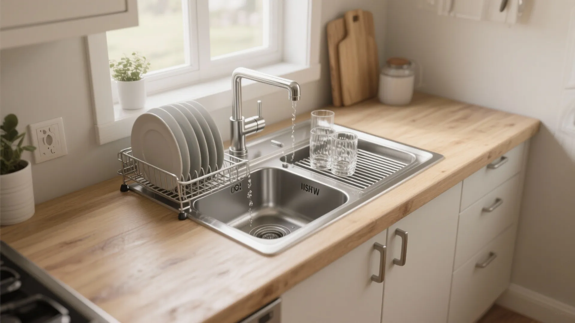 Double kitchen sink with metal drying rack holding white plates and glasses on wood counter