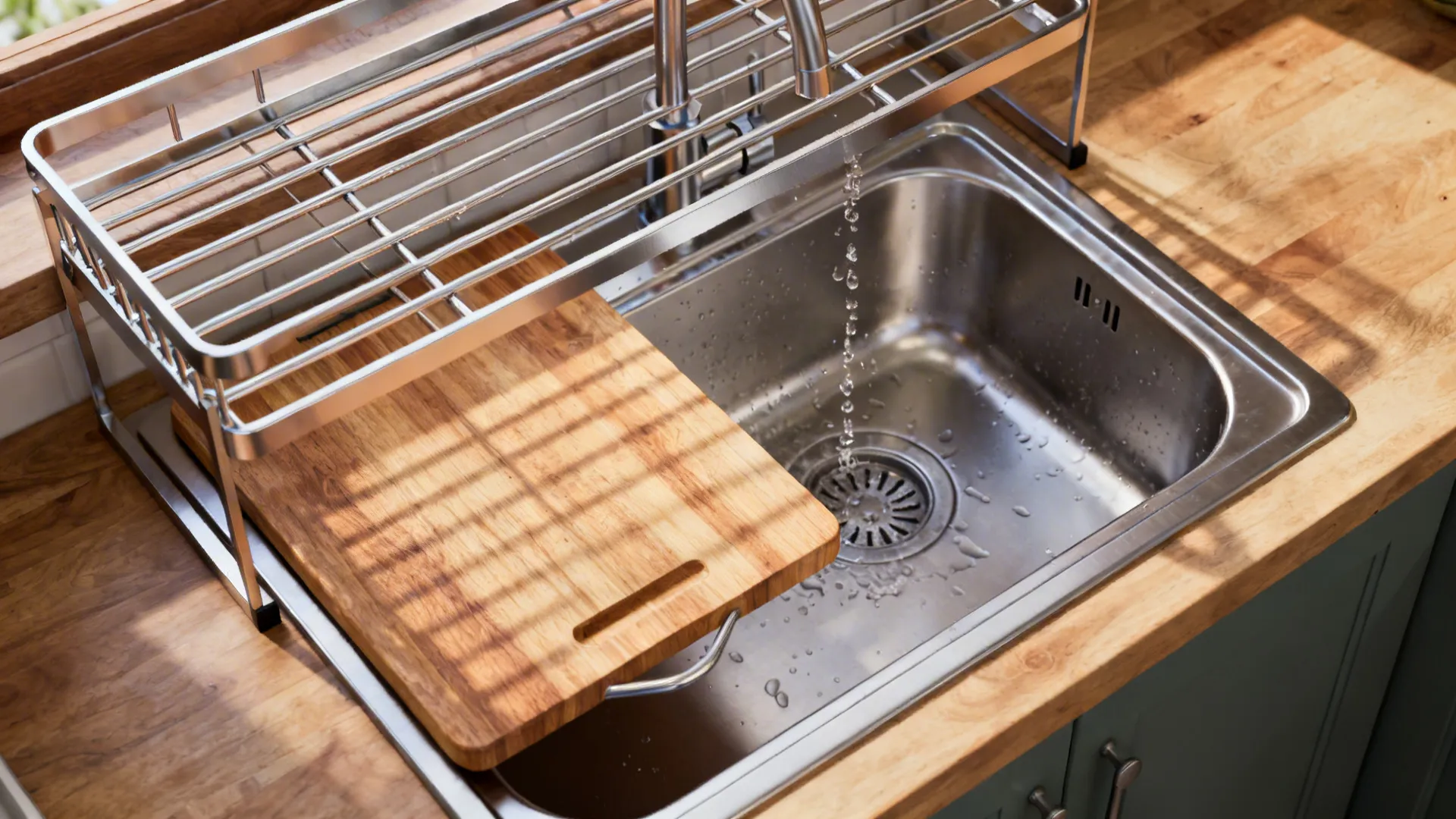 Top-down over-sink cutting board and elevated drying shelf draining into basin
