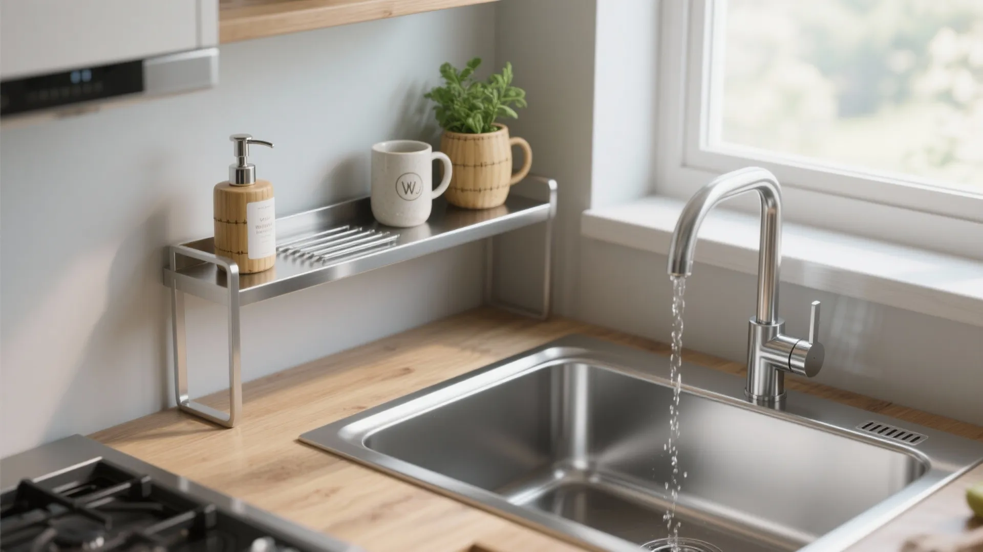 3. Over-sink shelves and freestanding ledges — reclaim wasted zones