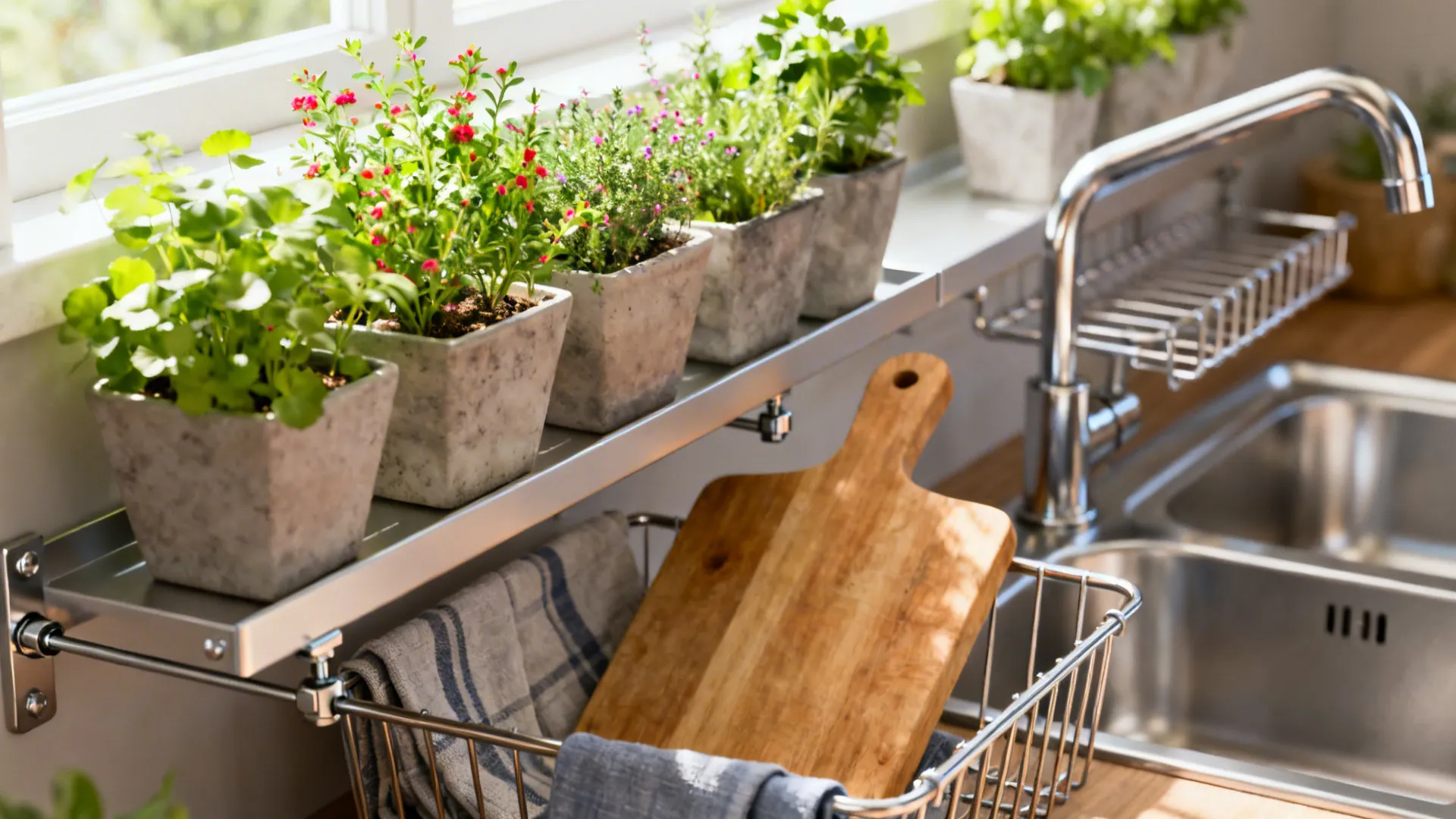 Over-sink shelf with potted herbs and under-shelf baskets for hidden storage.