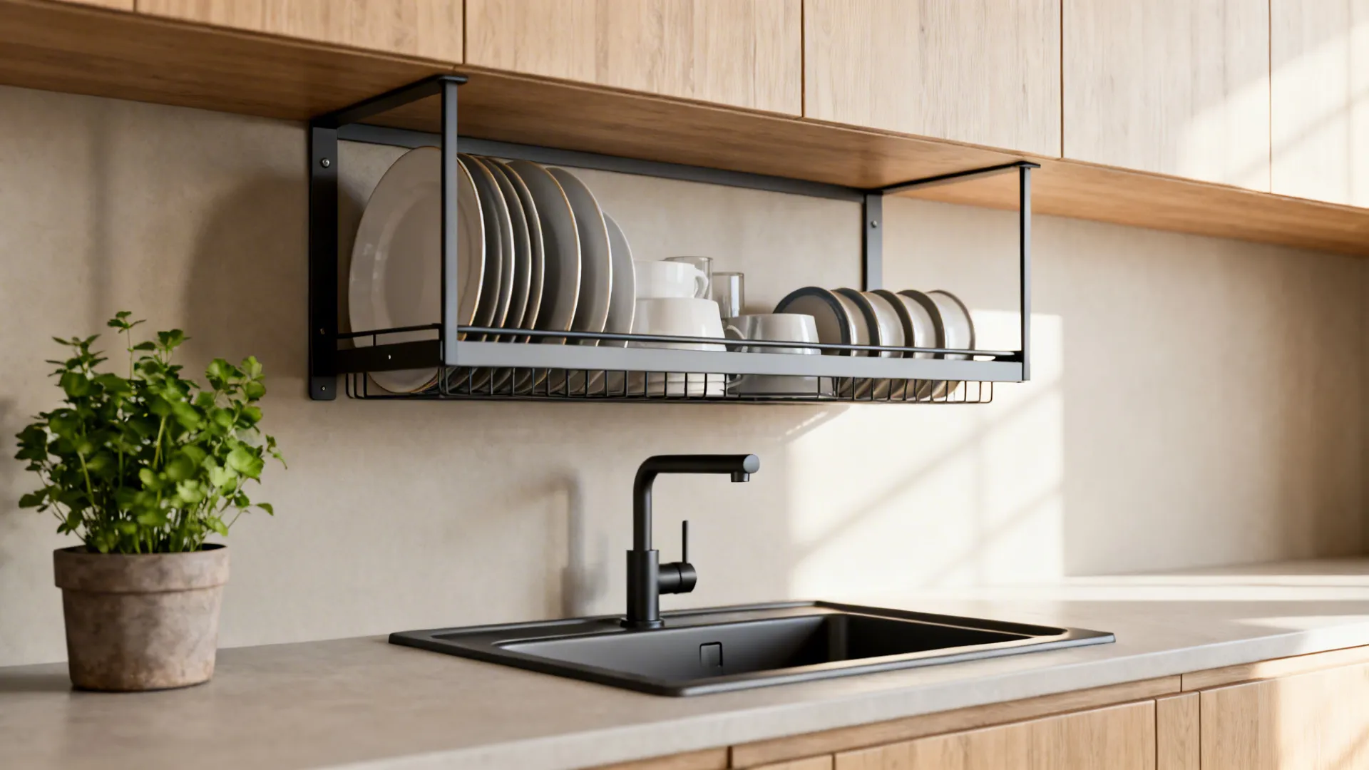 Over-sink shelf and slim dish rack above a compact sink with organized dishes and a small plant.