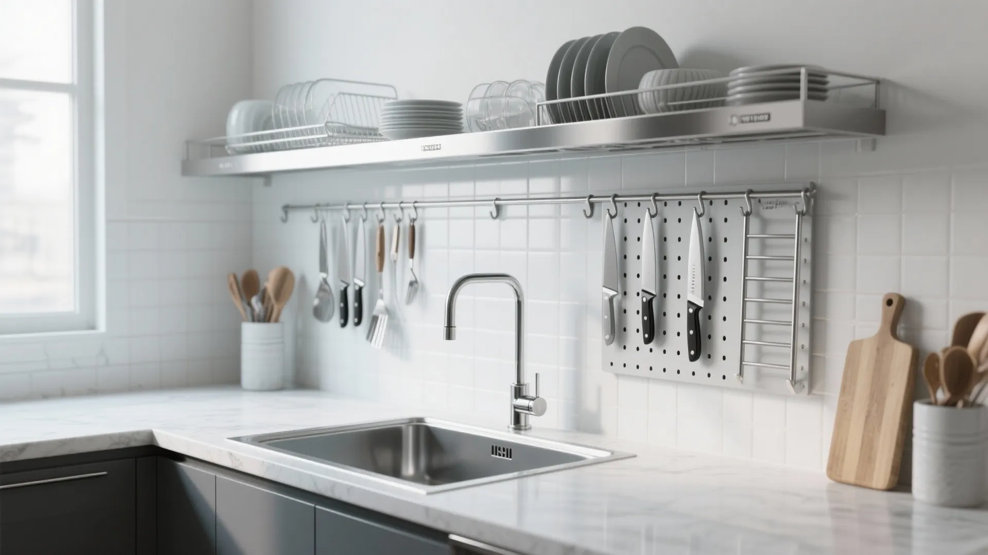 Modern kitchen sink area with stainless steel drying rack white tiles and hanging wall knives
