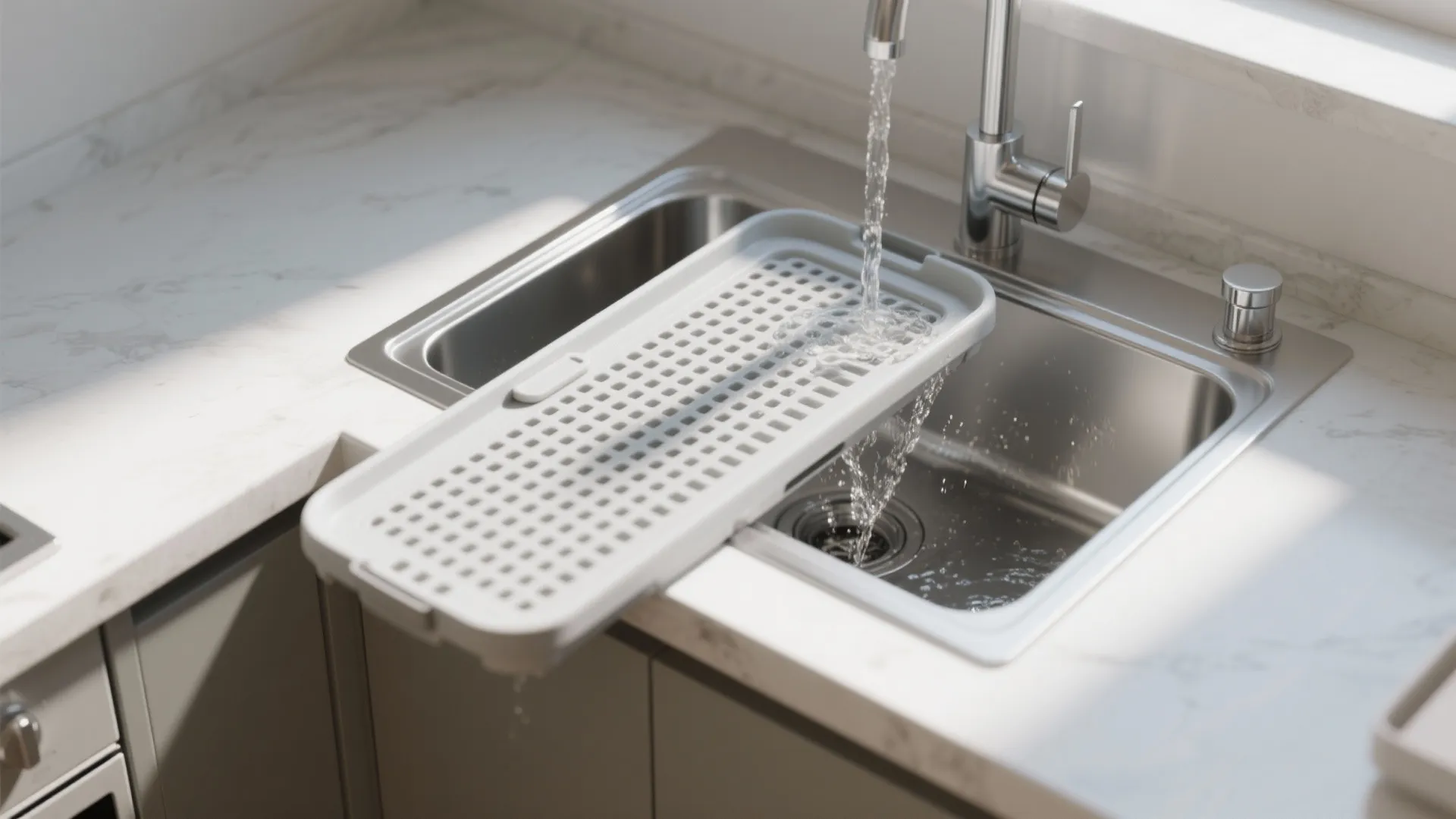 Plastic drying tray placed over a metal kitchen sink under a running water tap stream