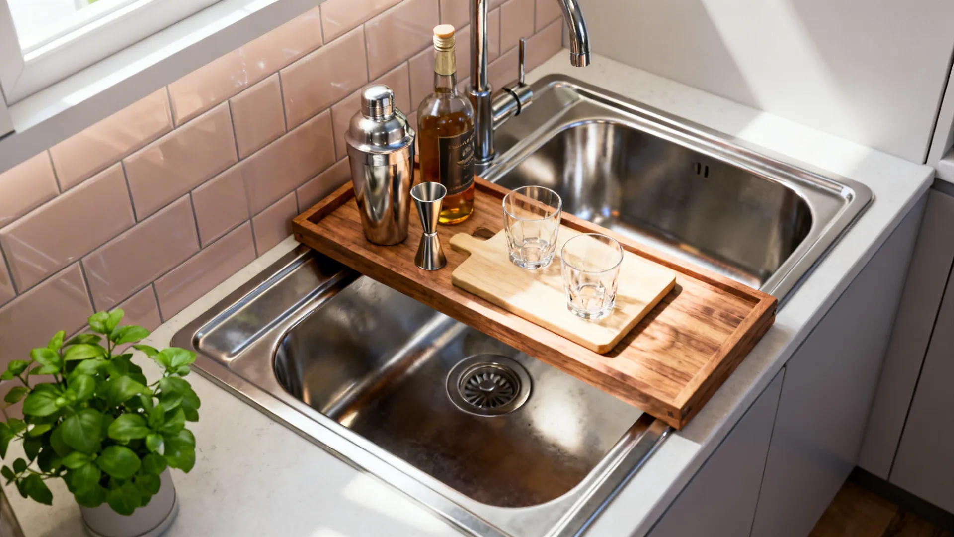 Removable over-the-sink tray set up as a temporary bar prep station in a small kitchen.