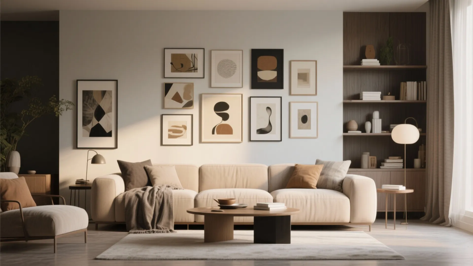 Modern living room with beige sofa wood coffee table gallery wall art and bookshelf decor