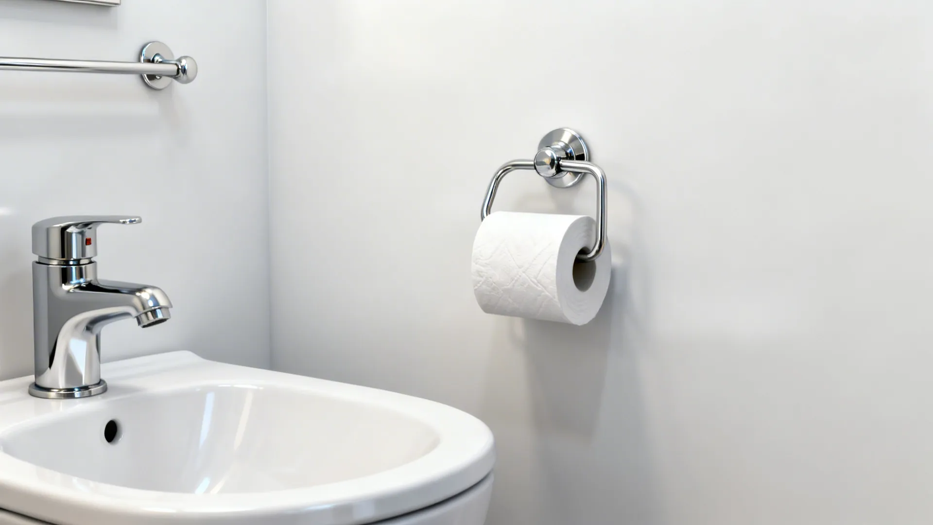 White bathroom sink next to silver metal toilet paper holder mounted on a plain white wall