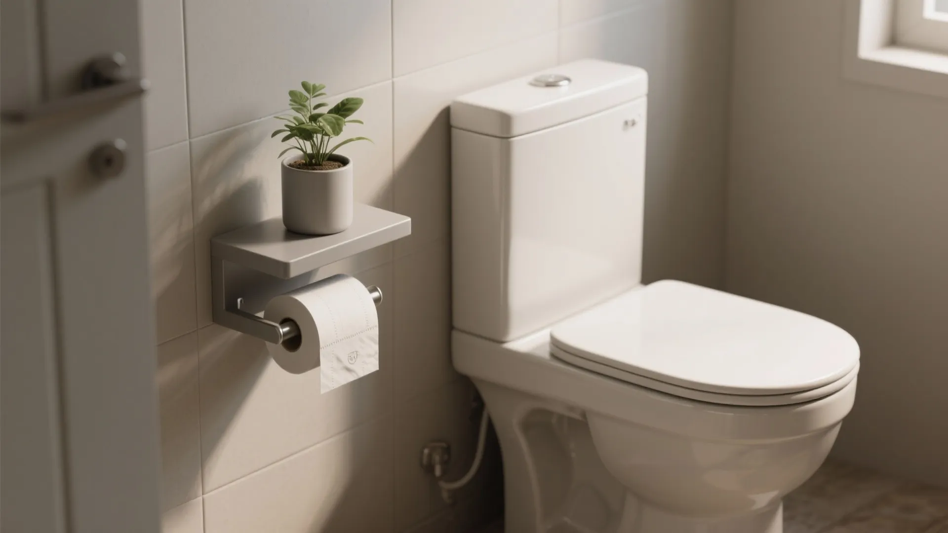 Over-the-tank shelf-mounted toilet paper holder on a compact toilet tank, showing a reversible no-drill solution.
