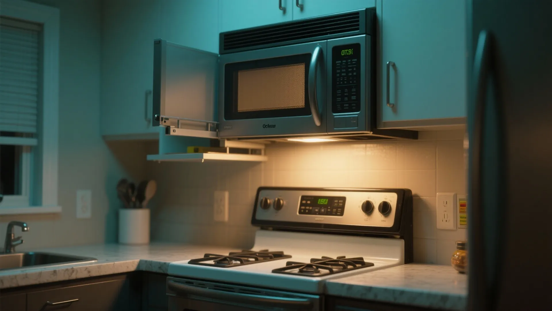 Stainless microwave installed above a white gas stove in a kitchen with marble effect countertops