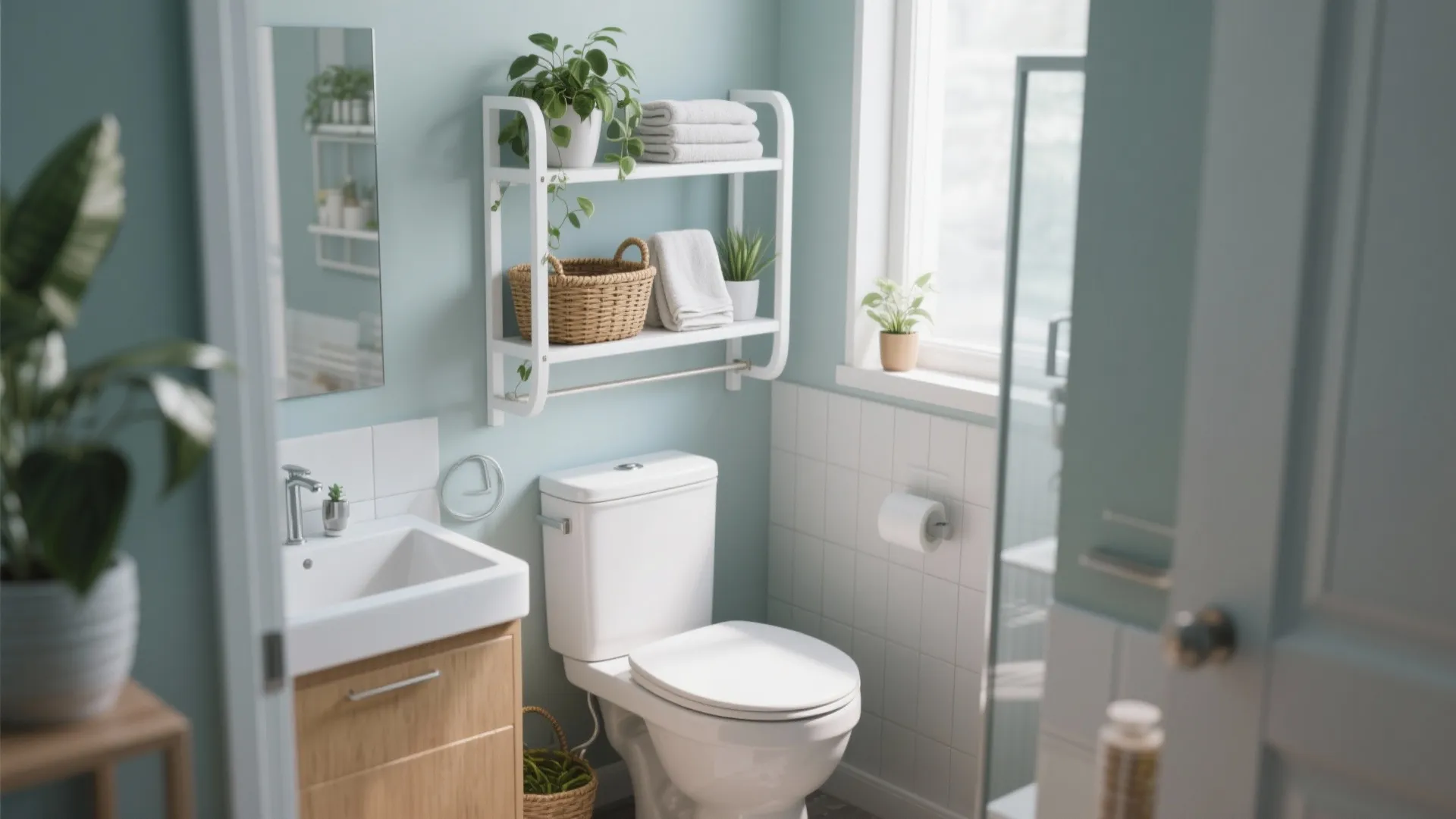 Ladder shelf above toilet with baskets and plants
