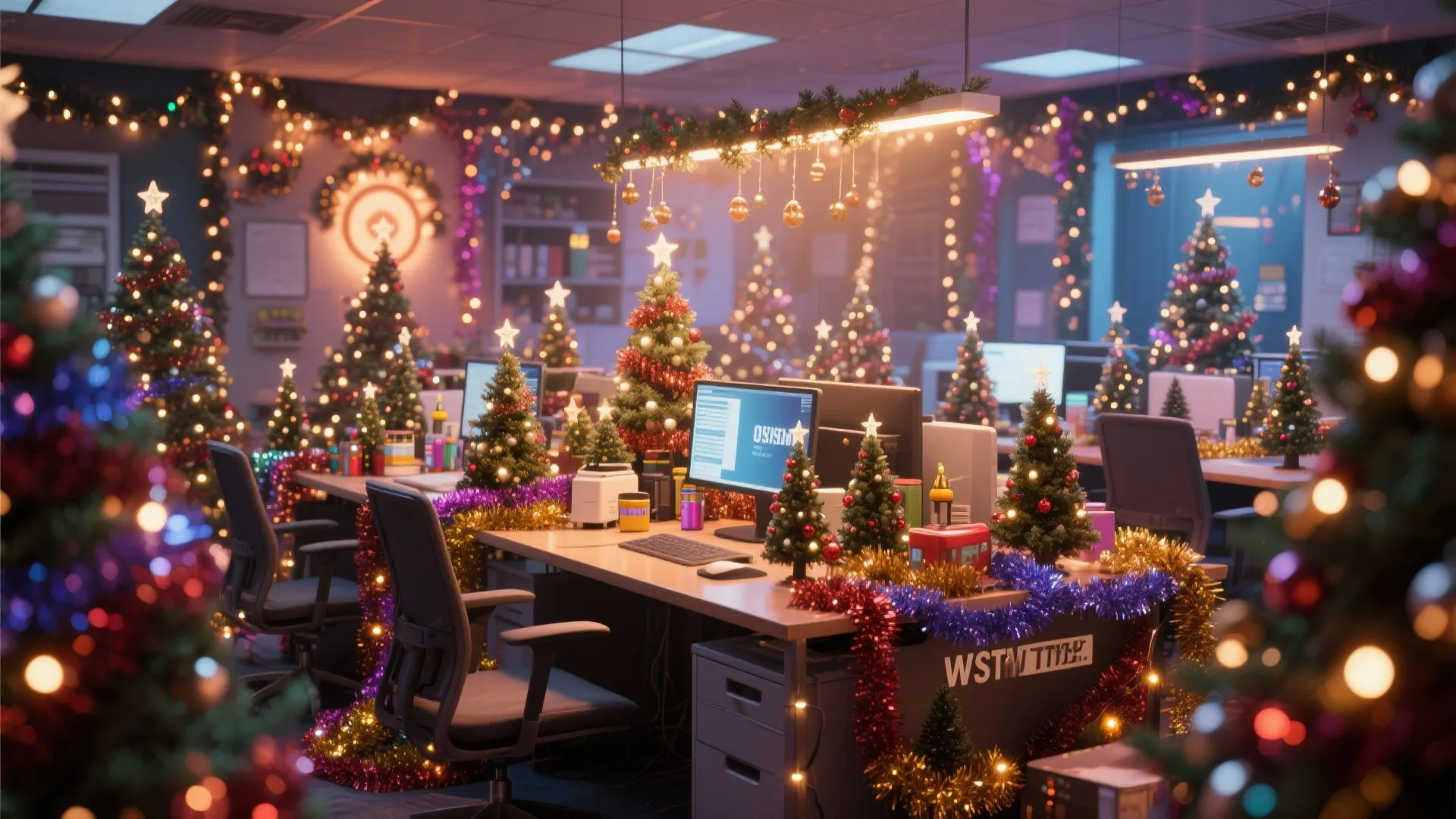 Office workspace decorated with multiple small Christmas trees, colorful garlands, glowing lights, and computer desks