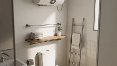 Modern Bathroom Design with Wooden Shelf and Towel Ladder