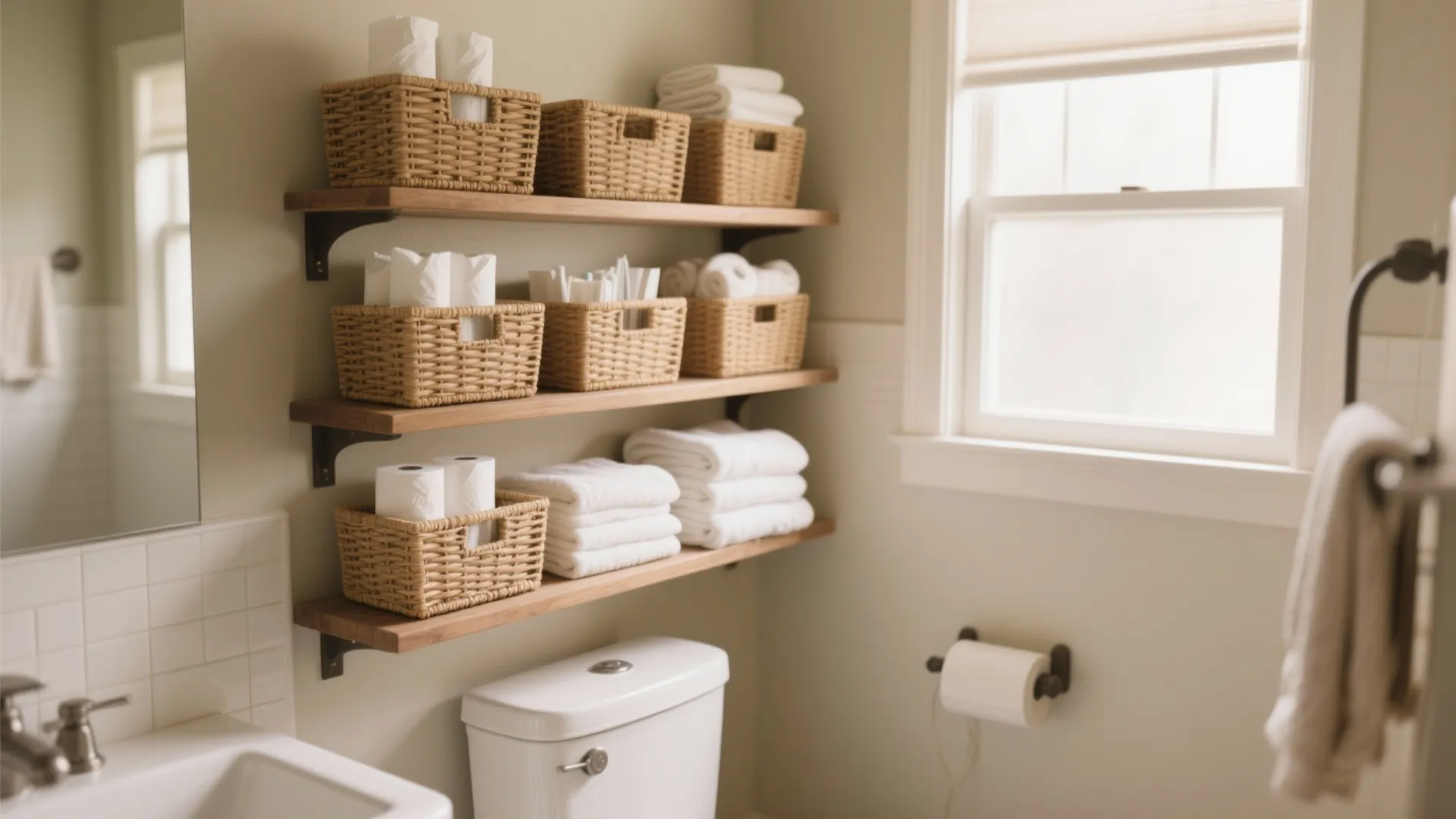 Three wooden wall shelves above a toilet holding woven baskets with paper rolls and white towels