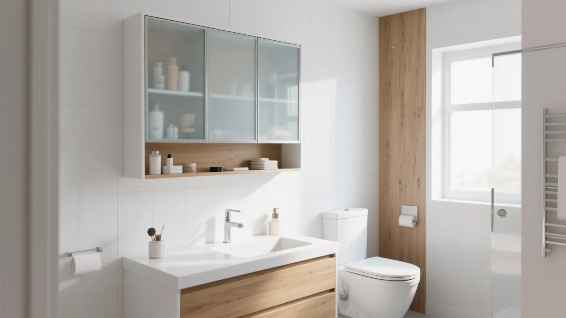 Bright bathroom interior with white toilet wooden vanity glass cabinet and natural light from window