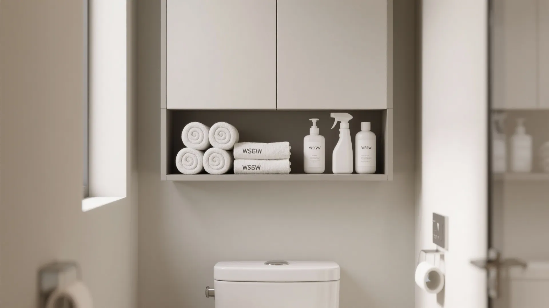 Modern grey cabinet over toilet storage holding rolled white towels and bathroom cleaning supply bottles