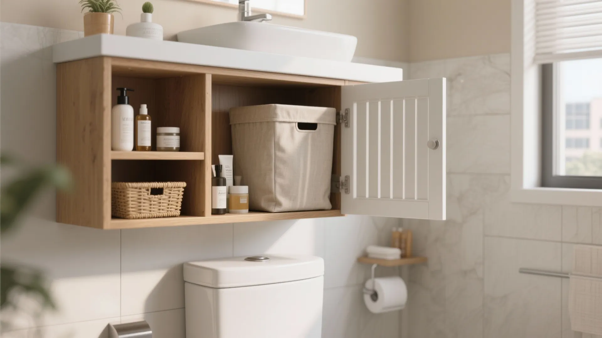 3. Over-the-toilet organizer with integrated hamper