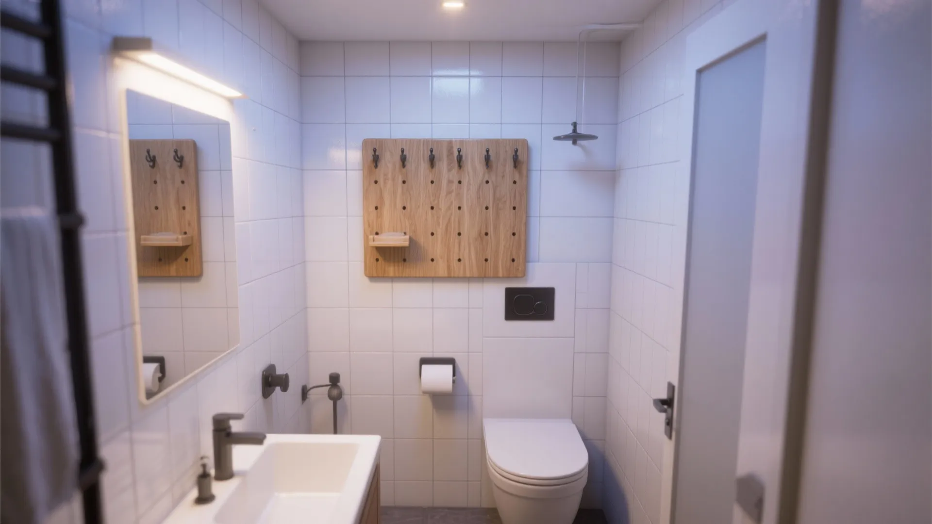 Small white bathroom with toilet sink mirror and wooden wall panel with several black hooks