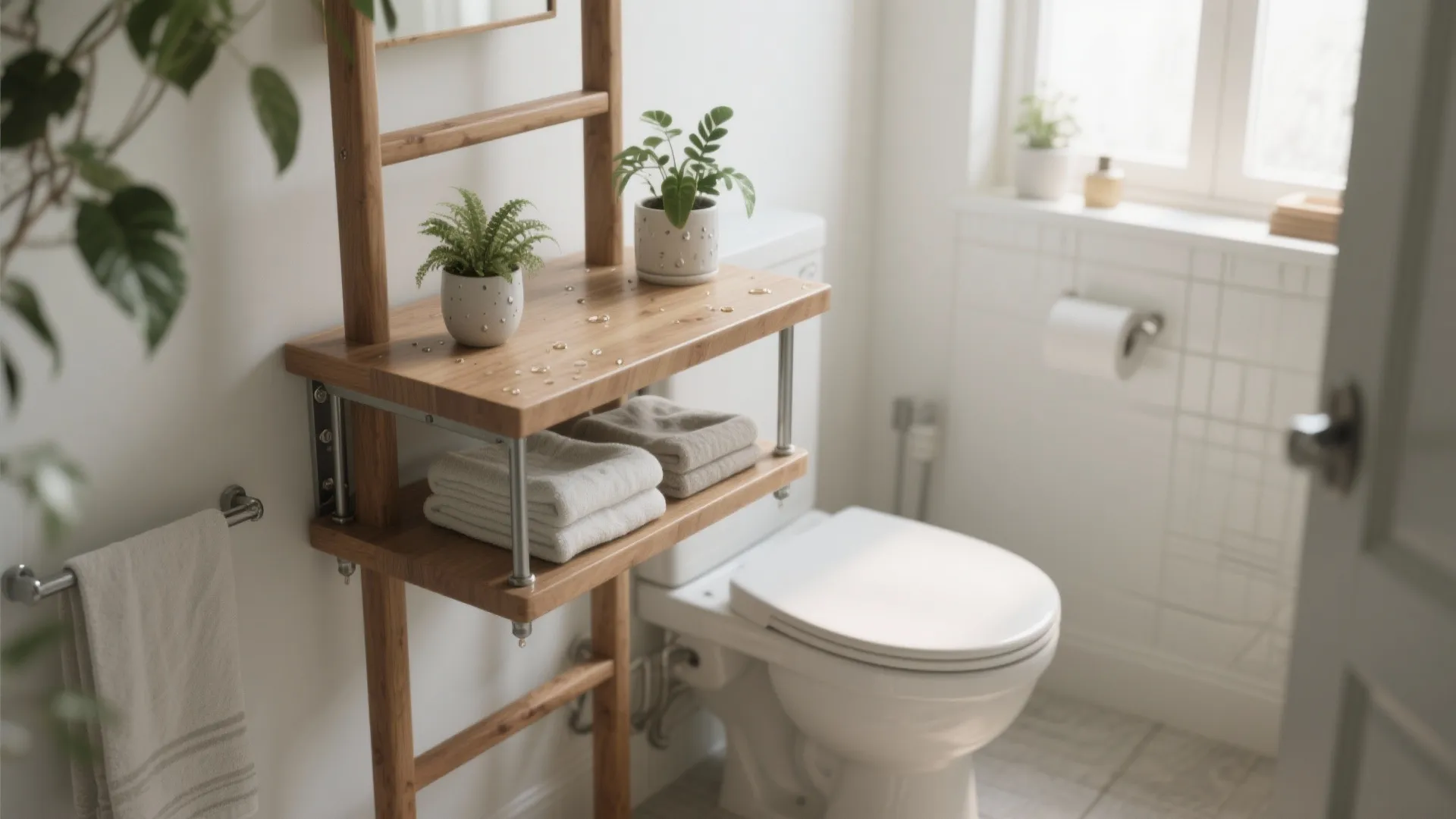 Over-the-toilet ladder-style shelving with plants and towels on narrow shelves above a toilet.