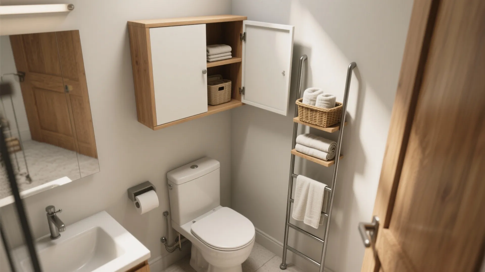Small bathroom with white toilet wooden wall cabinet and metal towel ladder holding folded towels