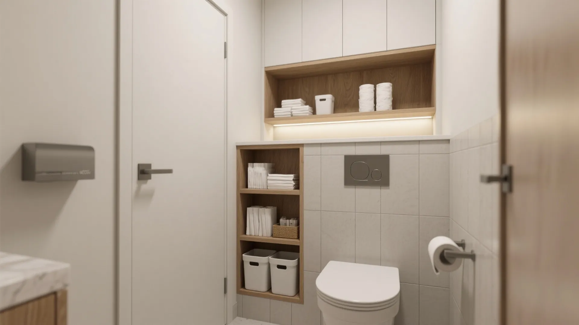 Small white bathroom featuring a toilet and wooden wall shelves for storing towels and supplies