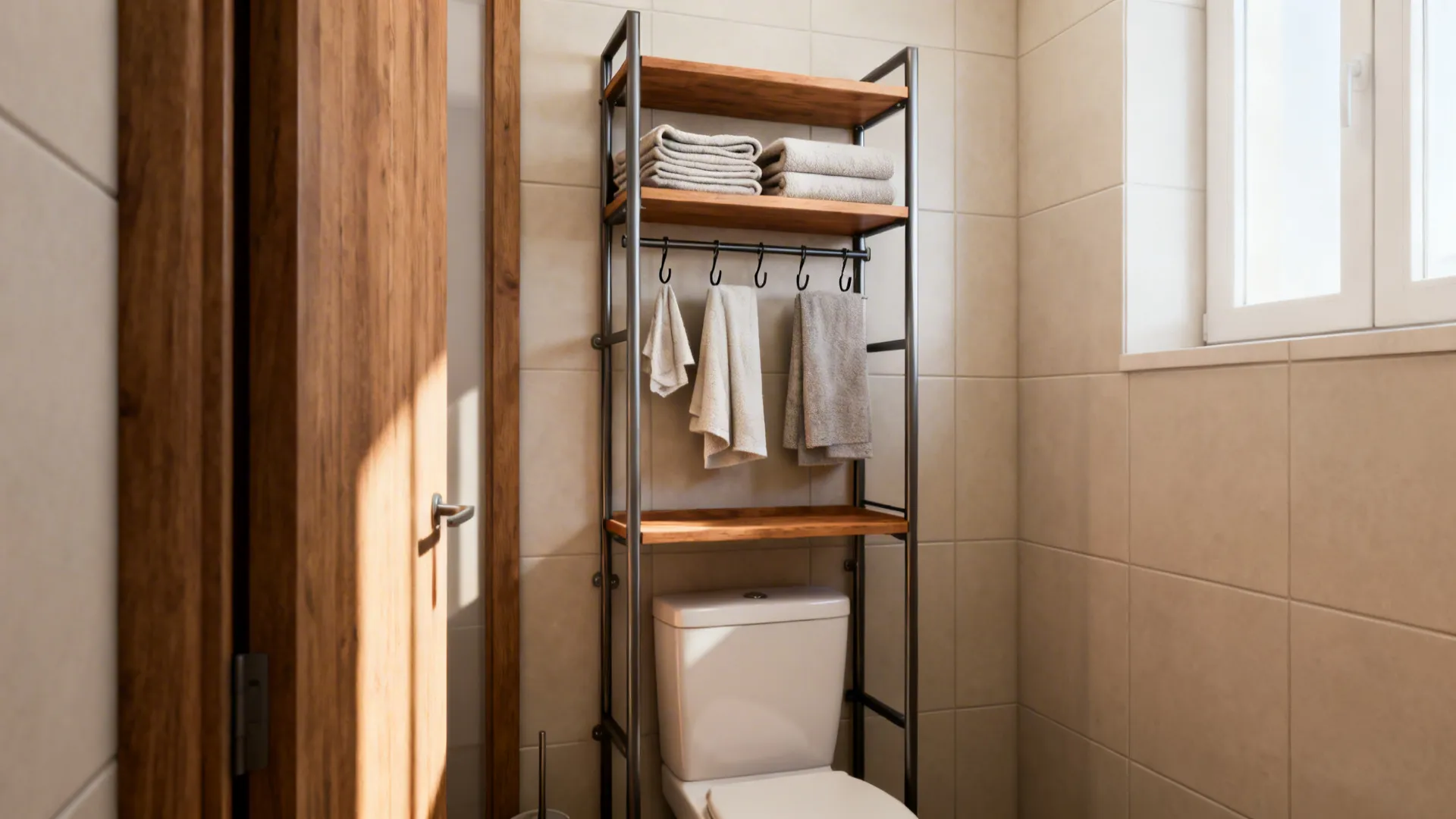 Over-the-toilet rack with wooden shelves and hooks holding towels