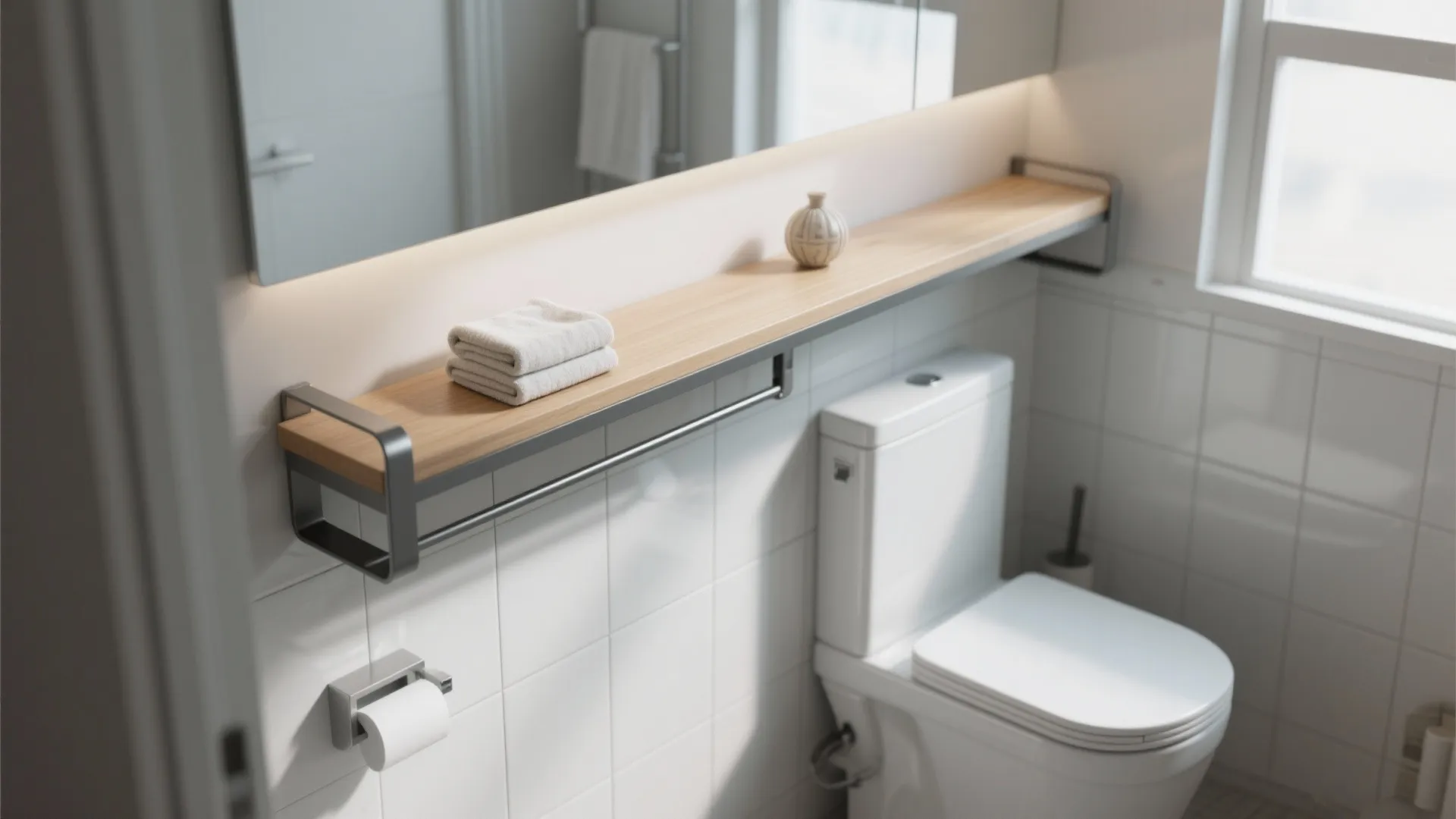 Slim over-the-toilet shelf-table above a toilet holding a towel and decor, demonstrating efficient use of vertical bathroom space.