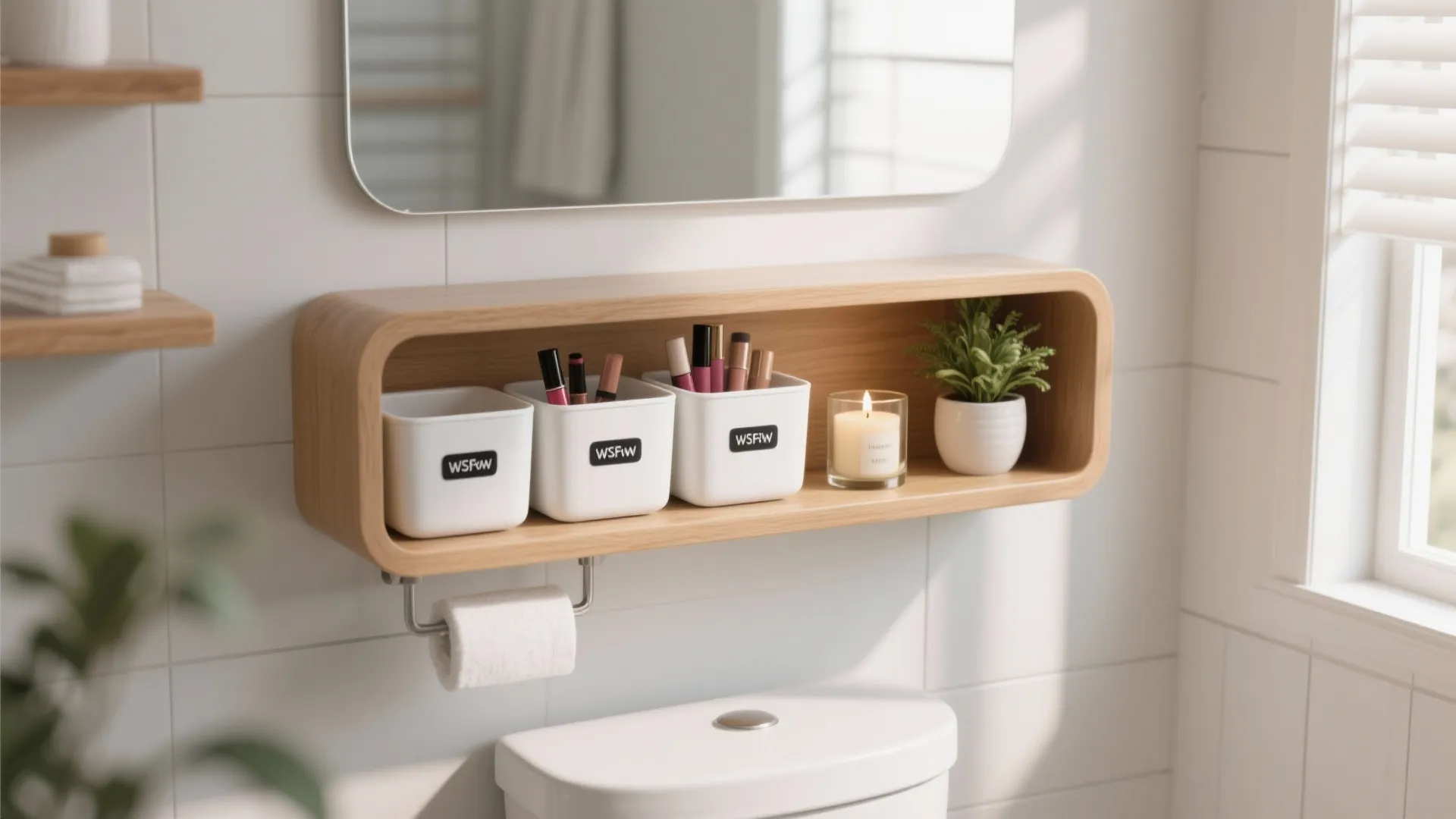 Wooden wall shelf over white toilet holding labeled white bins with makeup, candle, and plant
