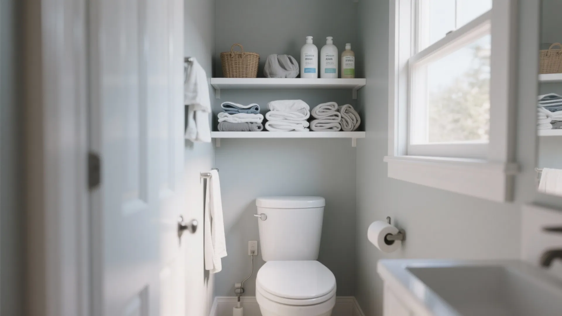 Small bathroom with toilet white shelves holding towels bottles and basket next to a window
