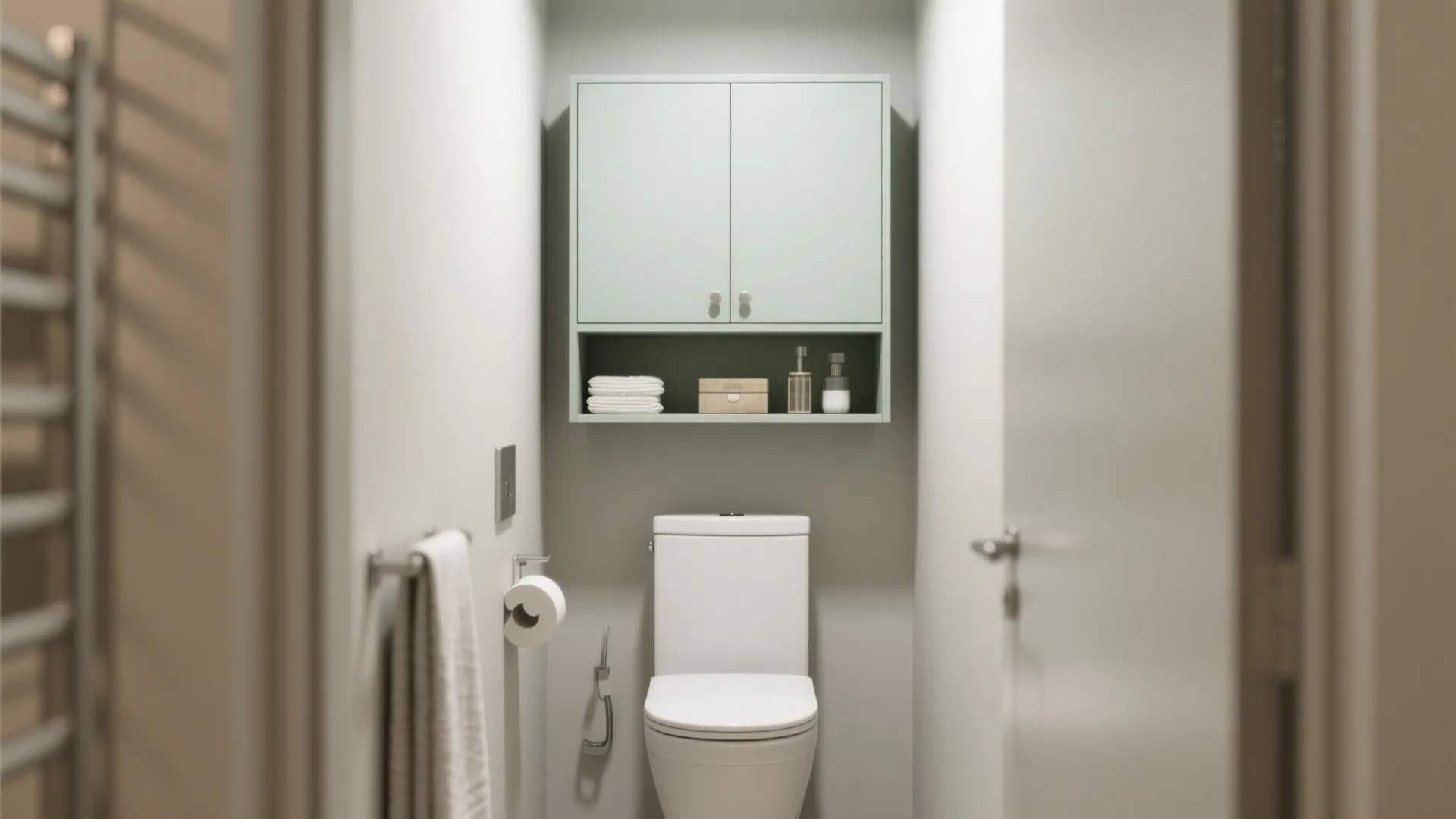Minimalist bathroom with white toilet and green wall cabinet holding towels plus small bathroom bottles
