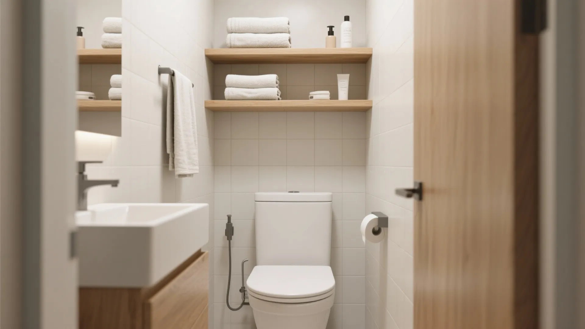 Open wooden shelves above toilet in small bathroom