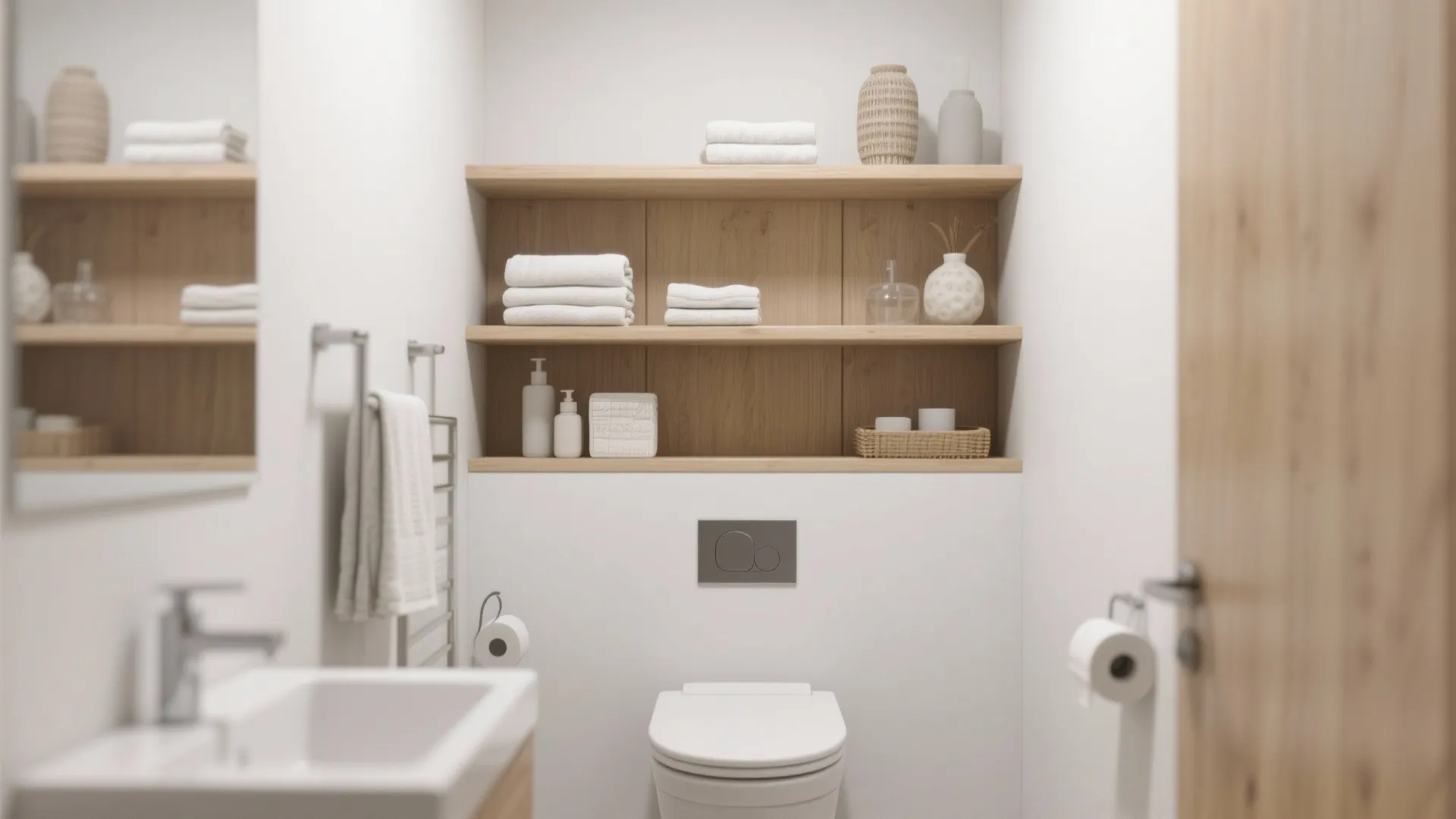 Small white bathroom with wooden floating shelves over toilet holding towels and various decorative items