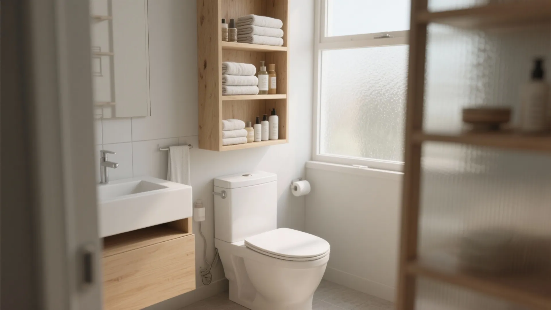 Over-toilet shelves storing towels and bathroom essentials