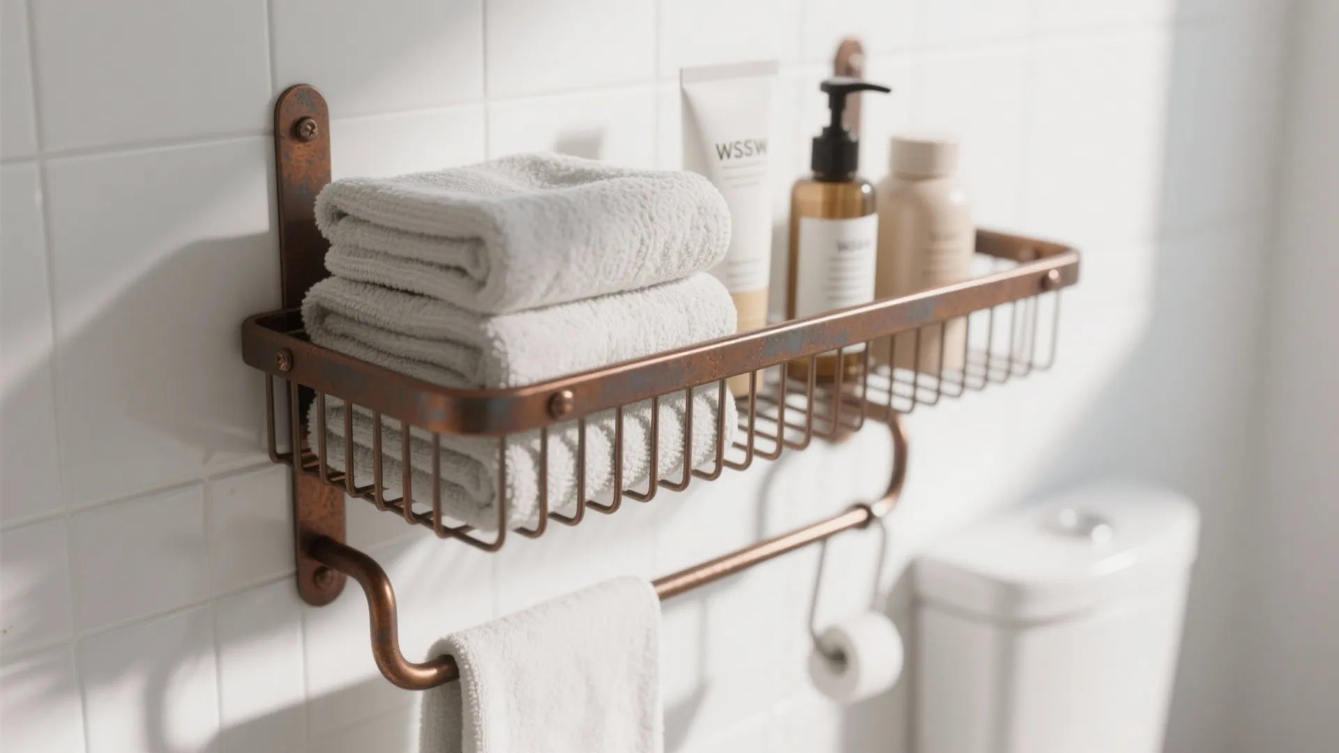 Metal wall shelf holding folded white towels and bottles above a toilet in bright bathroom