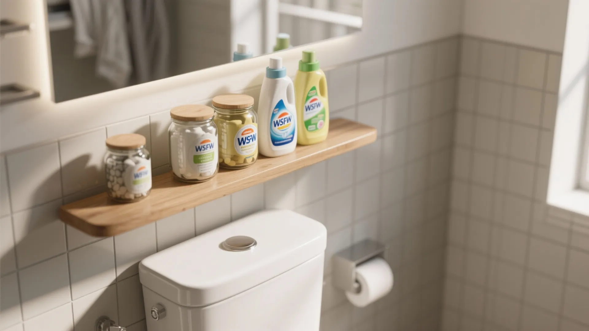 Wooden shelf over toilet holding laundry detergent and glass jars in a white tiled bathroom