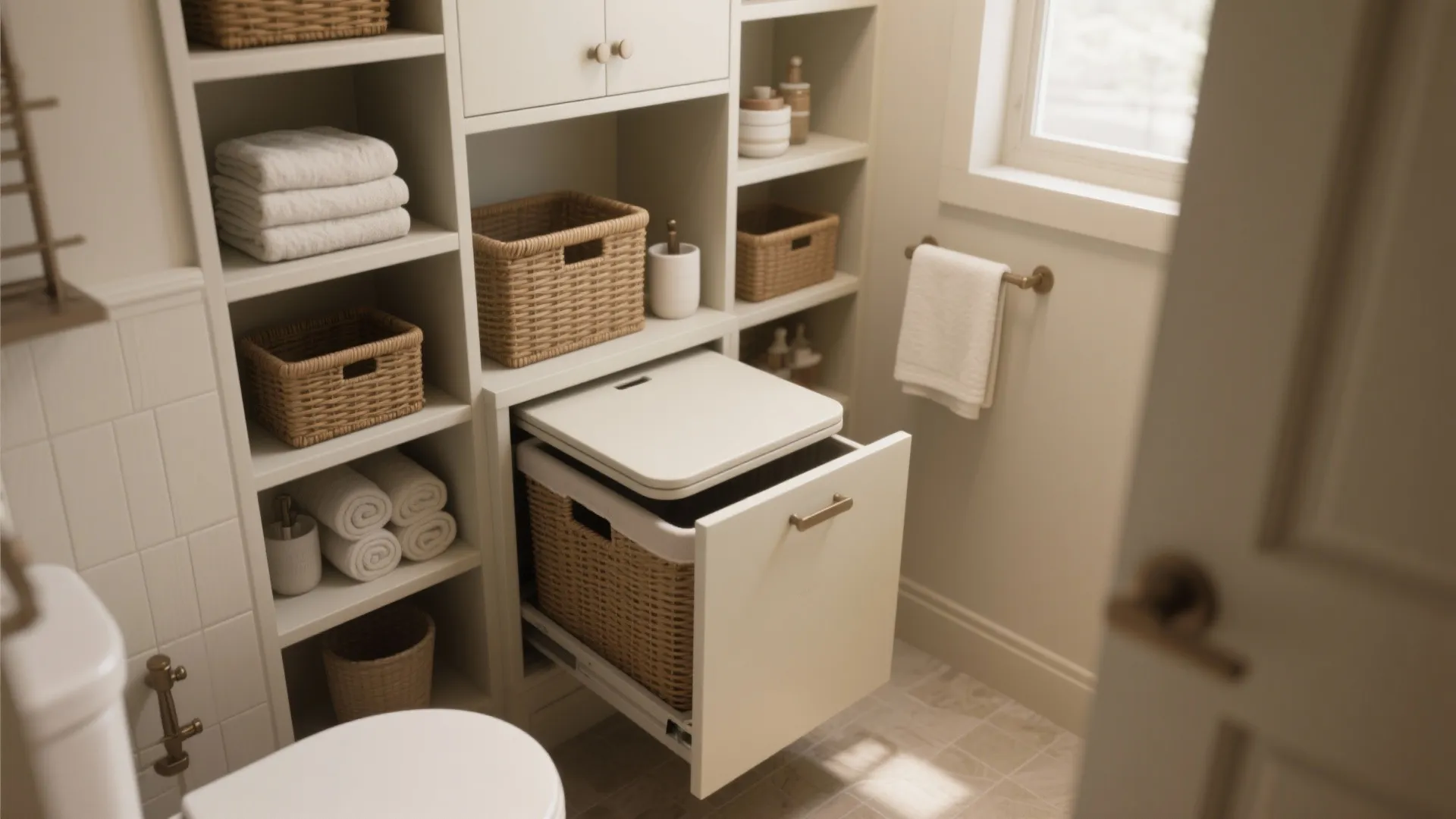 4. Over-the-toilet storage and hidden hampers