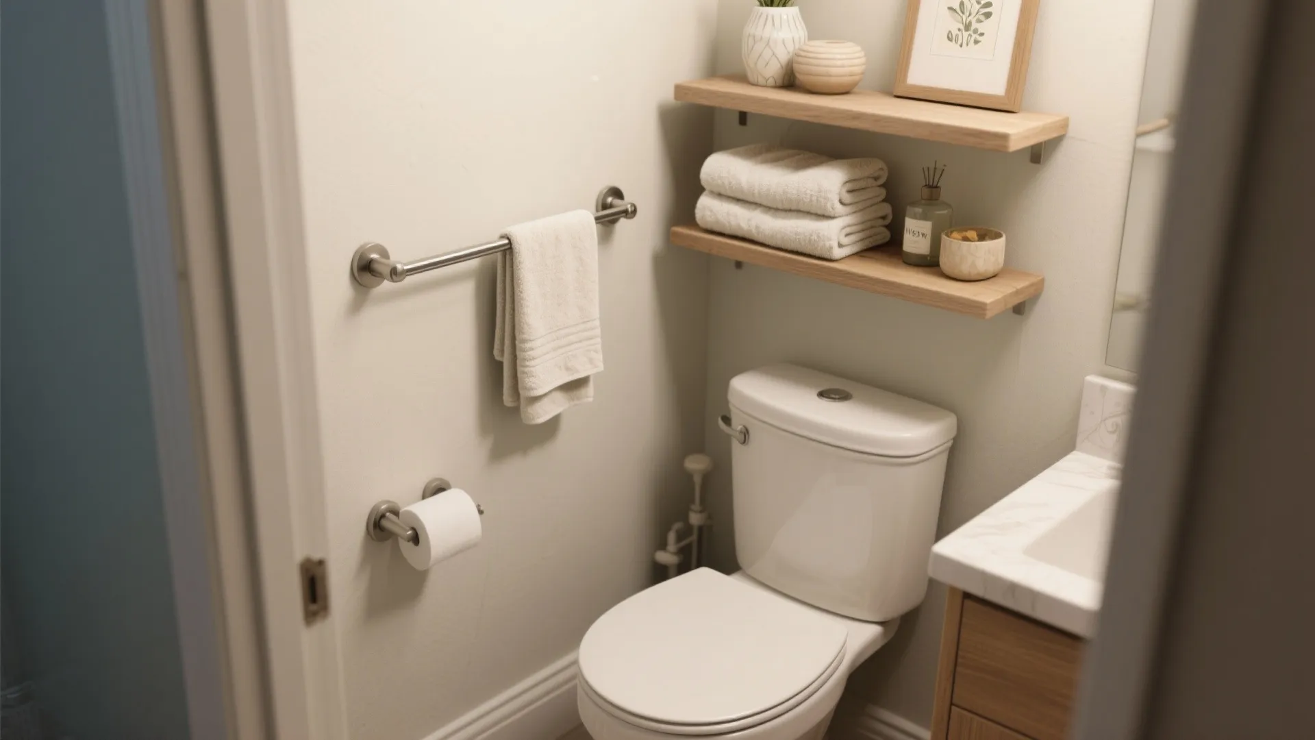 Modern small bathroom with white toilet towel bar wooden wall shelves and a marble sink