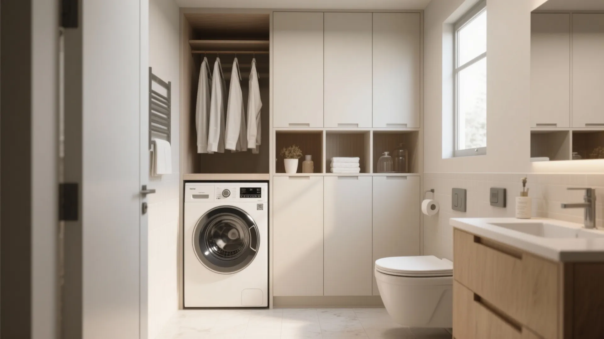 Modern bathroom layout featuring a washing machine under hanging clothes next to a white toilet