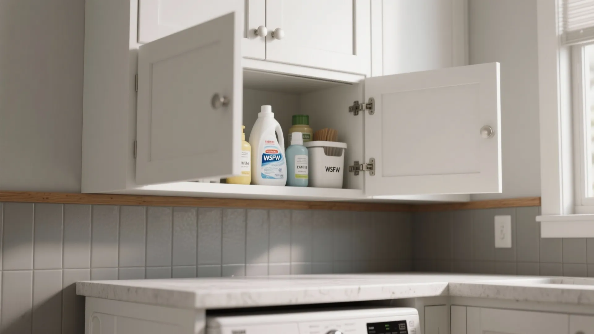 3. Over-the-Washer Cabinets with Tilt-Out Doors