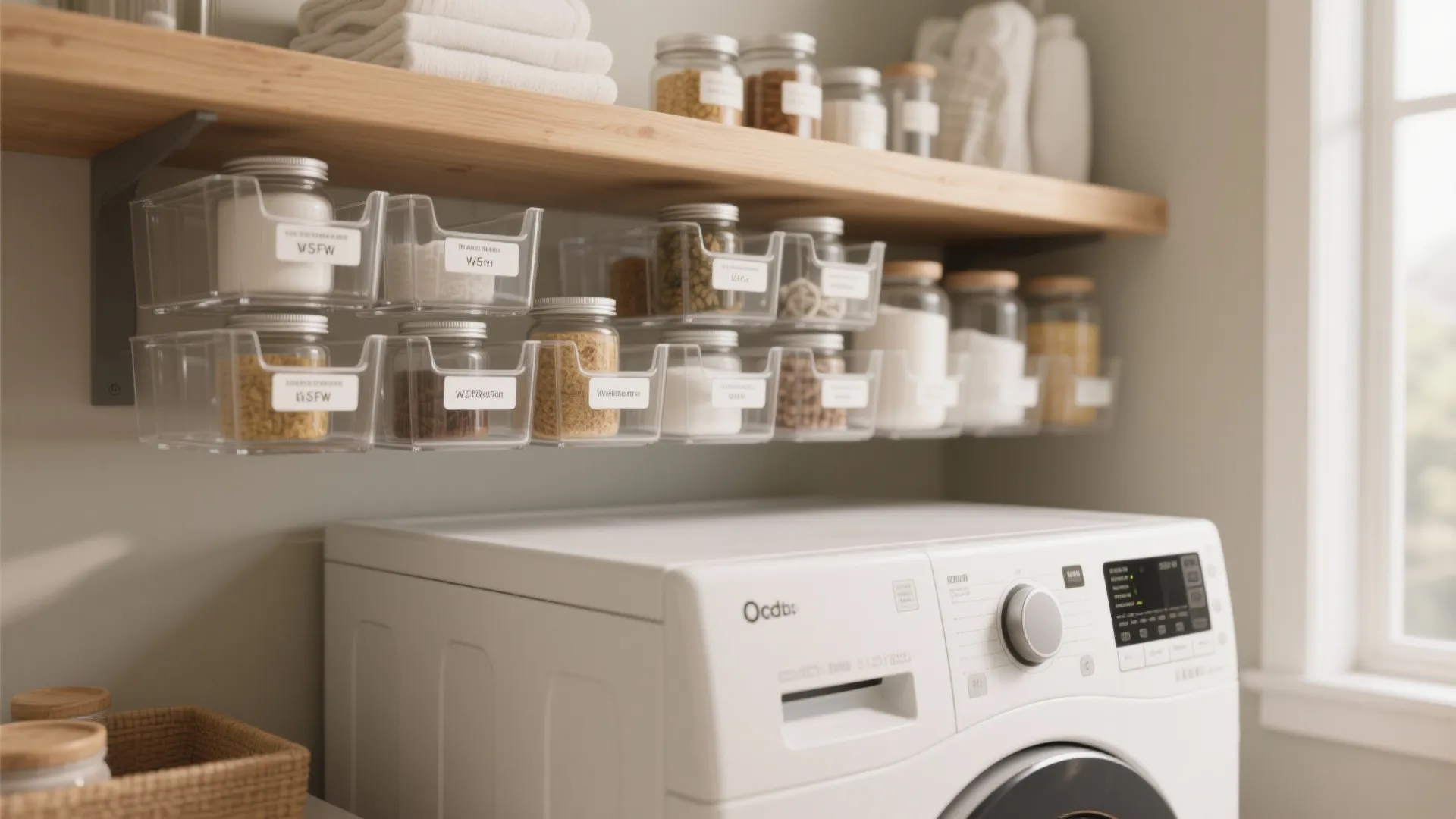 Over-the-washer wooden shelf with modular clear caddies and labeled containers above a front-loading washer.