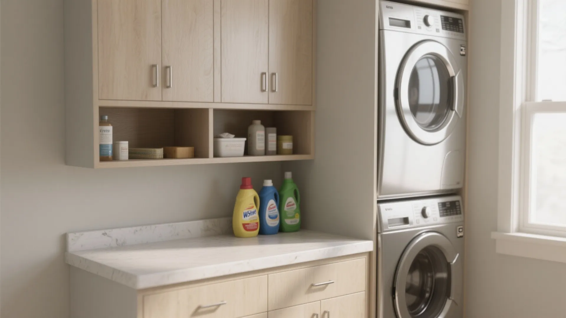 Modern laundry area with wooden wall cabinet and washing machine next to marble countertop surface