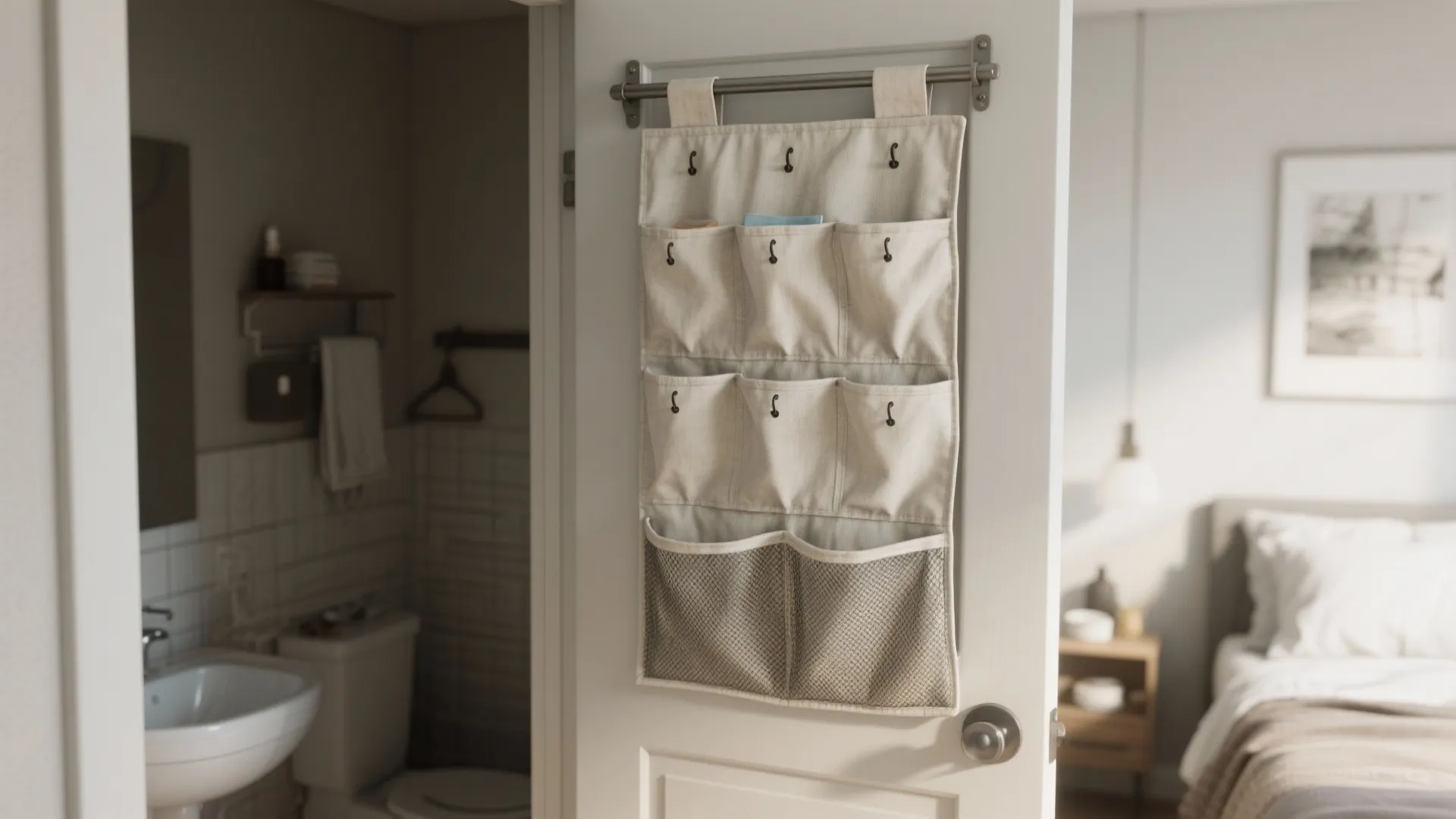 Hanging organizer on a white door with multiple pockets for storage in a modern bathroom
