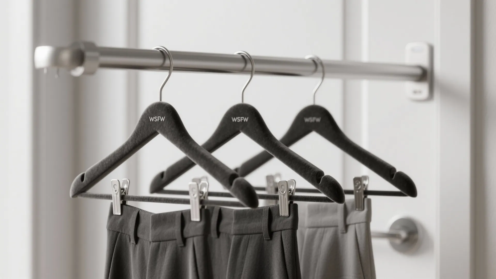 Metal hanging rod with three black velvet hangers holding grey and dark pants in room