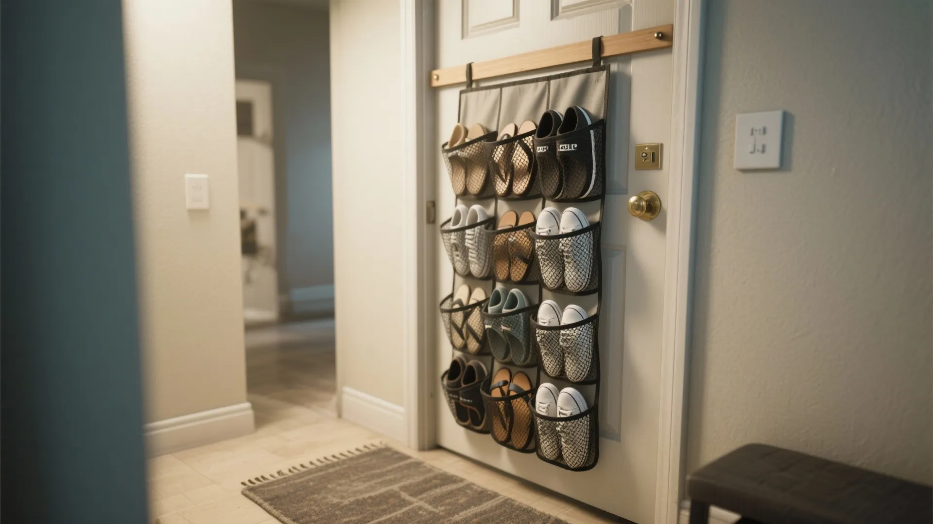 Over-the-door mesh shoe organizer hung on a door with sneakers and sandals in a small hallway.