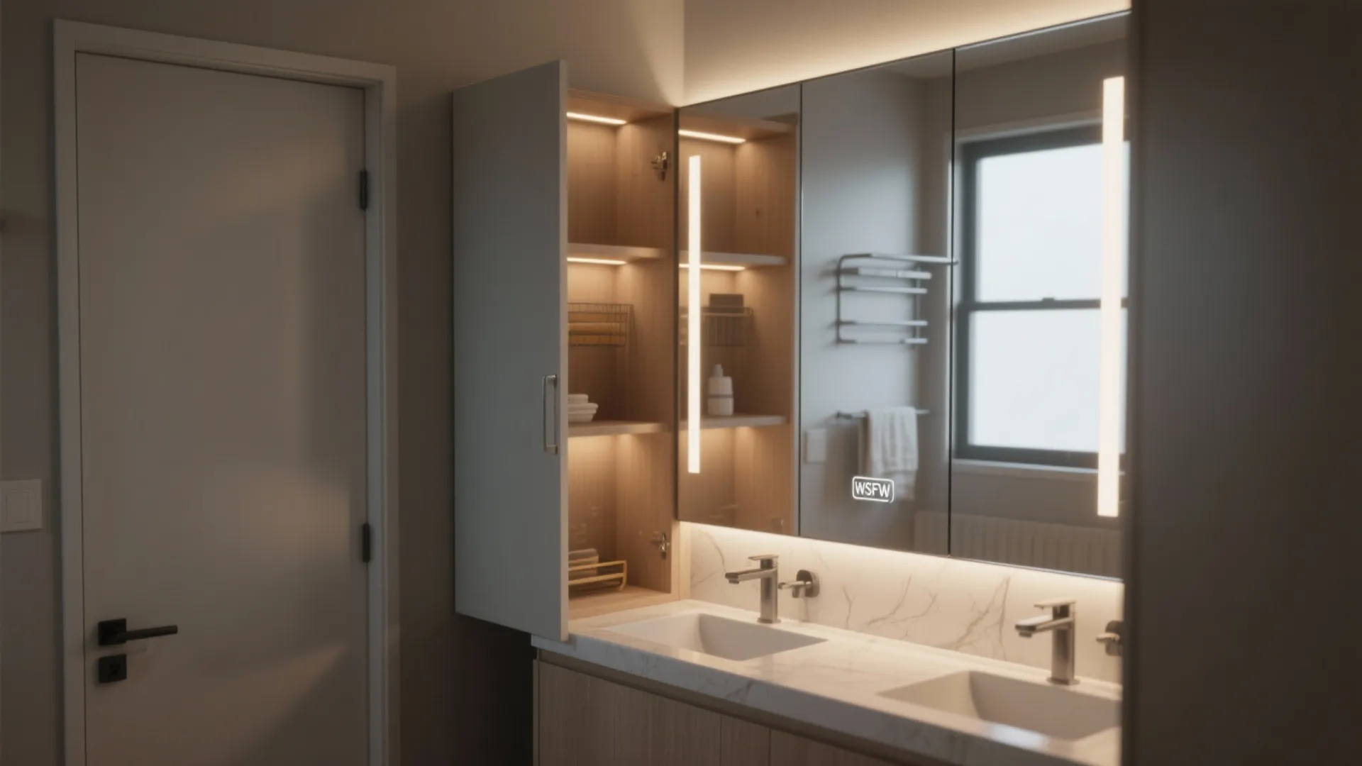 Double sink bathroom vanity with lighted mirror and open cabinet showing shelves with warm lighting