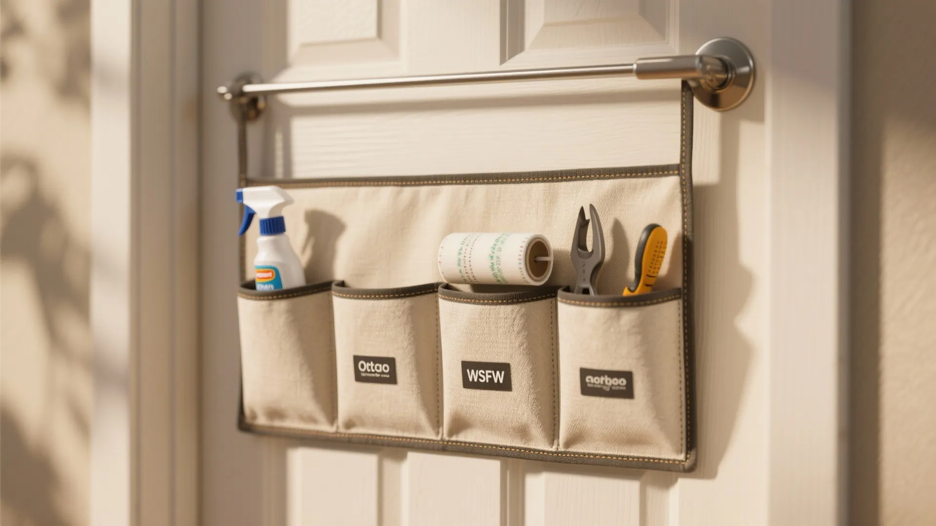 Hanging door storage pocket bag with cleaning spray roller and tools on white wooden door