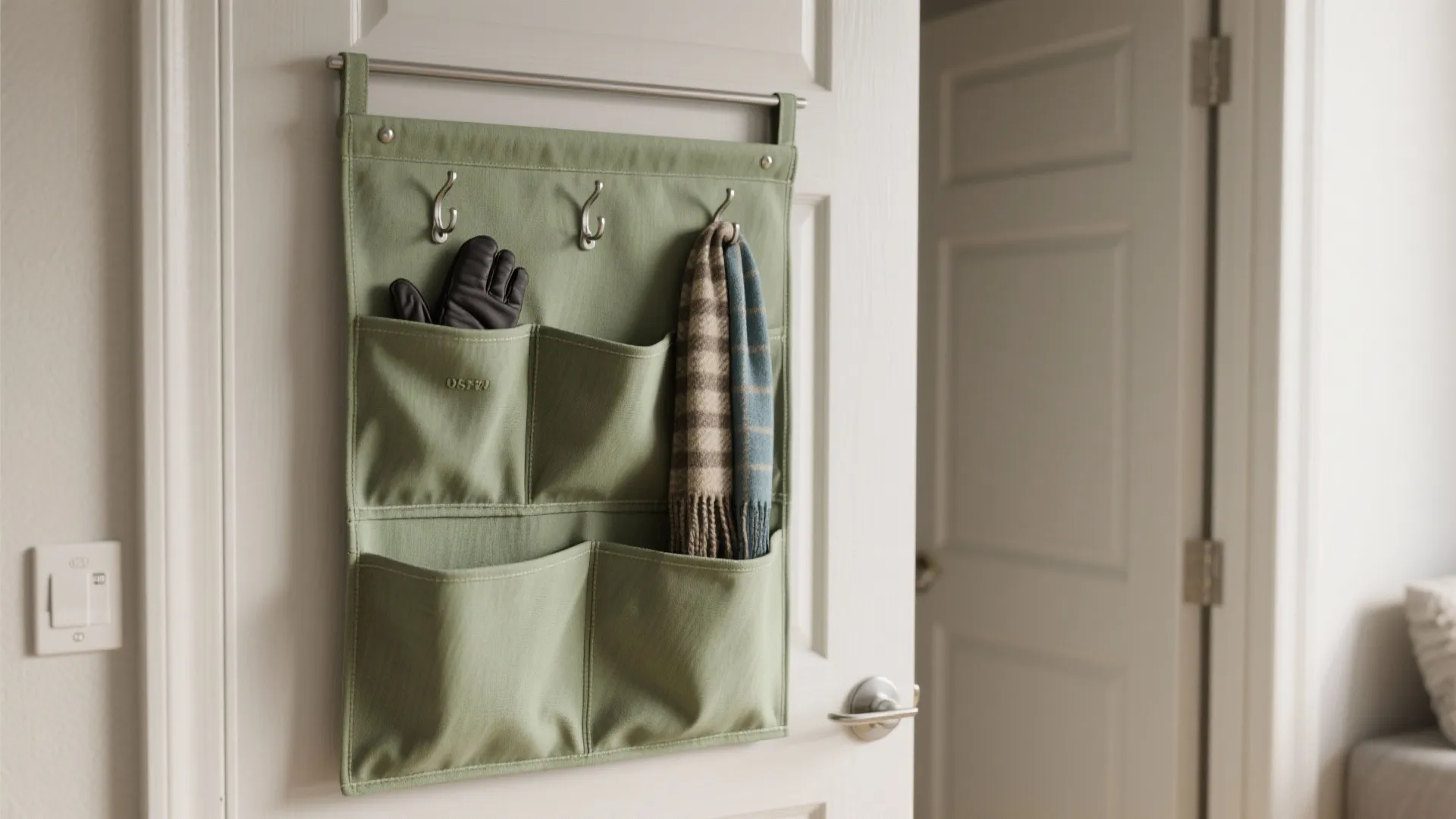 Over-the-door hanging organizer with pockets and hooks on a door shown slightly open to show door swing.