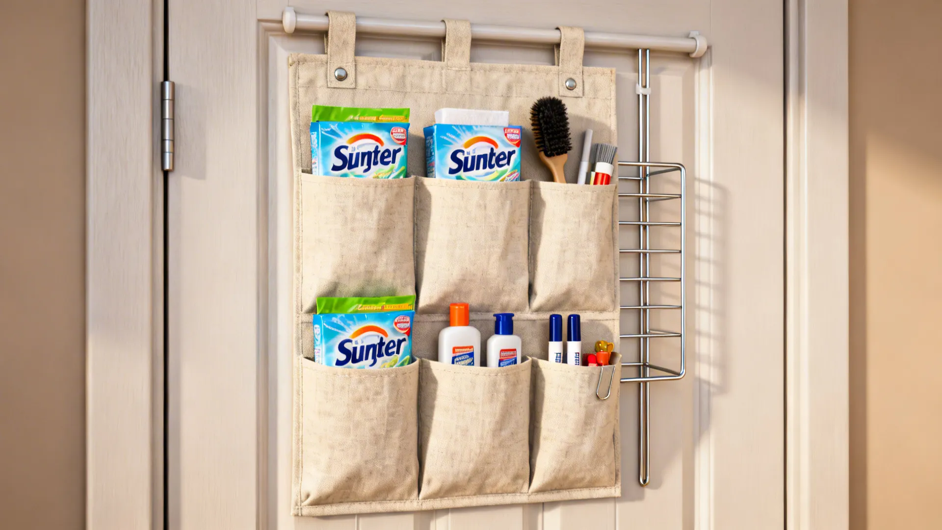 Over-the-door pocket organizer stocked with dryer sheets and small laundry supplies in a compact laundry room