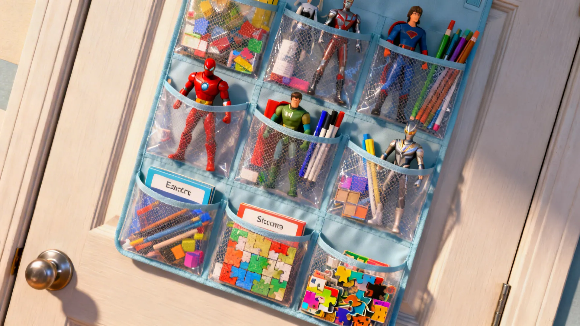 Over-the-door clear mesh organizer with labeled pockets holding toys and art supplies